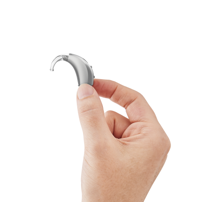 Evolv AI BTE 13  - Sterling - In hand - Profile - Earhook