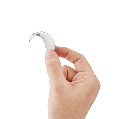 Evolv AI BTE 13  - White - In hand - Profile - Earhook