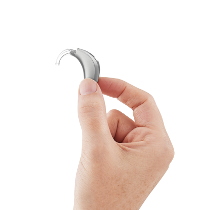 Evolv AI BTE R  - Sterling - In hand - Profile - Earhook