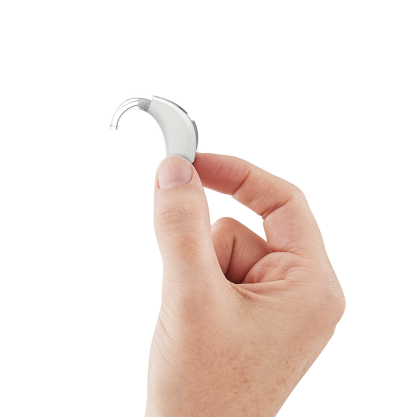 Evolv AI BTE R  - White - In hand - Profile - Earhook