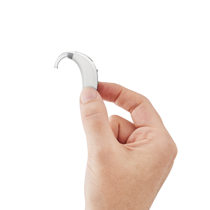 Evolv AI PP BTE 13  - White - In hand - Profile - Earhook