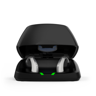 Evolv AI Charger ST Accessory - BTE R - Device in charger - Straight On