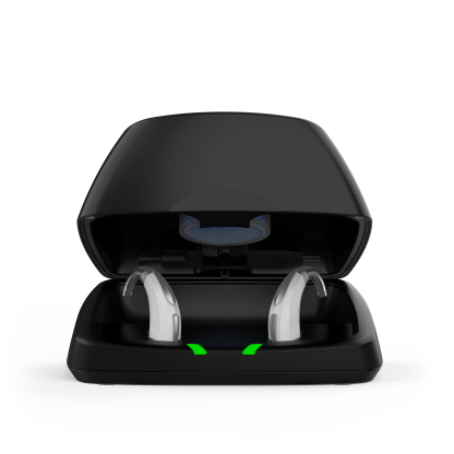 Evolv AI Charger ST Accessory - BTE R - Device in charger - Straight On