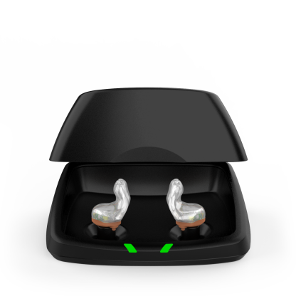 Evolv AI Custom Charger ST Accessory - ITC R - Brown - Device in charger - Straight On