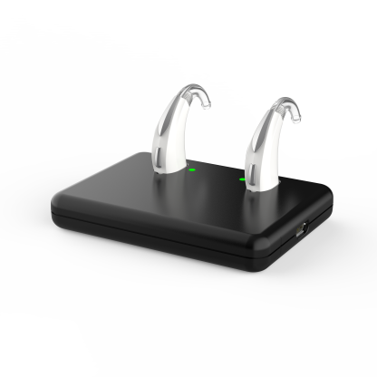 Evolv AI mini Turbo Charger ST Accessory - BTE R - Device in charger - Back 3-4 R